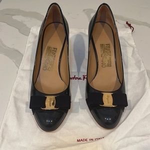 Salvatore Ferragamo Navy Patent Leather Heel